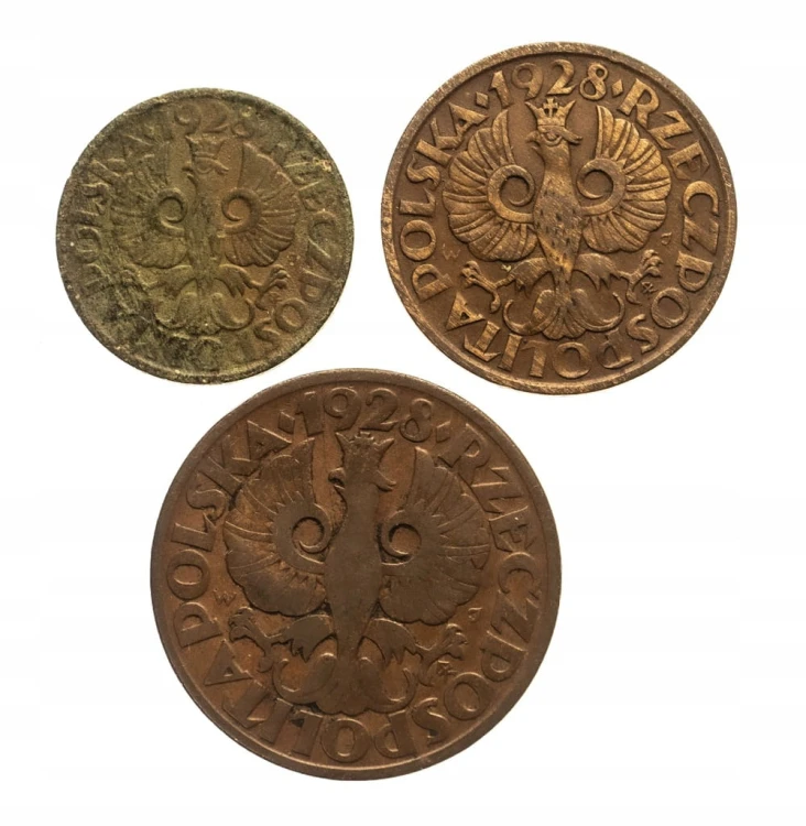 Polska, II Rzeczpospilita (1918-1939), zestaw: 1, 2 i 5 groszy 1928
