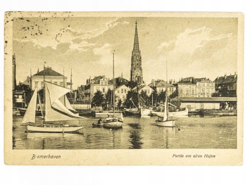 BREMERHAVEN - PORT ŻAGLOWY, W TLE "WIELKI KOŚCIÓŁ" NIEMCY / WSCHOWA 1921