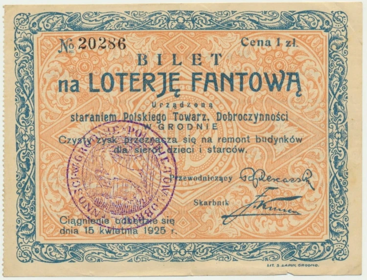 Bilet na Wielką Loterię Fantową Grodziec 15 kwietnia 1925