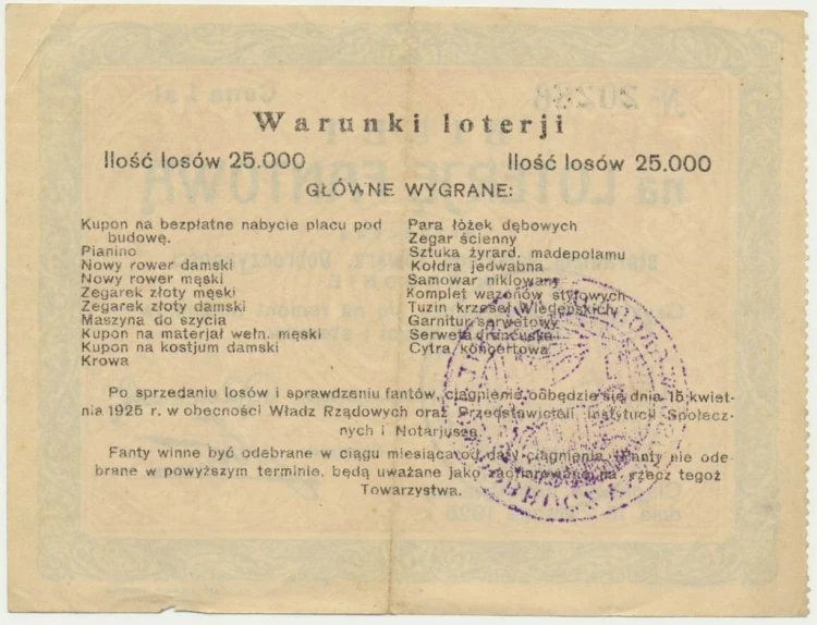 Bilet na Wielką Loterię Fantową Grodziec 15 kwietnia 1925