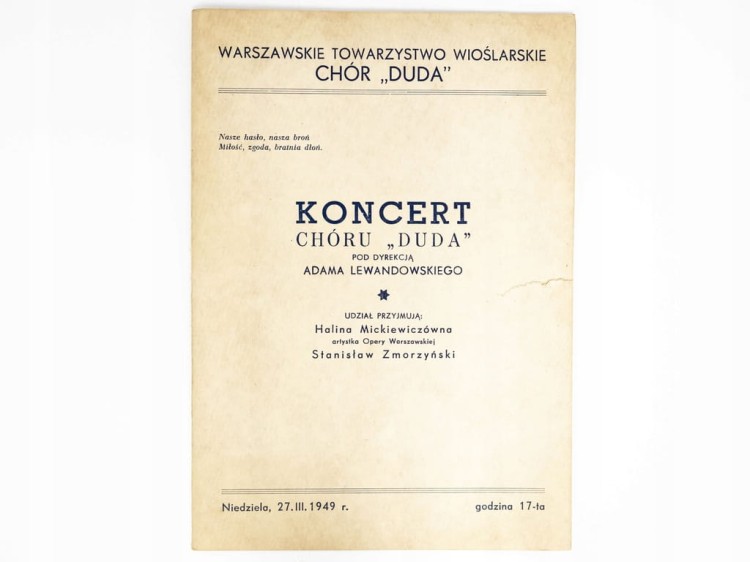 PROGRAM KONCERTU CHÓRU "DUDA" WARSZAWSKIEGO TOWARZYSTWA WIOŚLARSKIEGO 1949