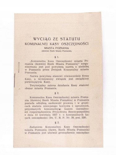 STARY DOKUMENT - WYCIĄG ZE STATUTU KOMUNALNEJ KASY OSZCZĘDNOŚCI, POZNAŃ