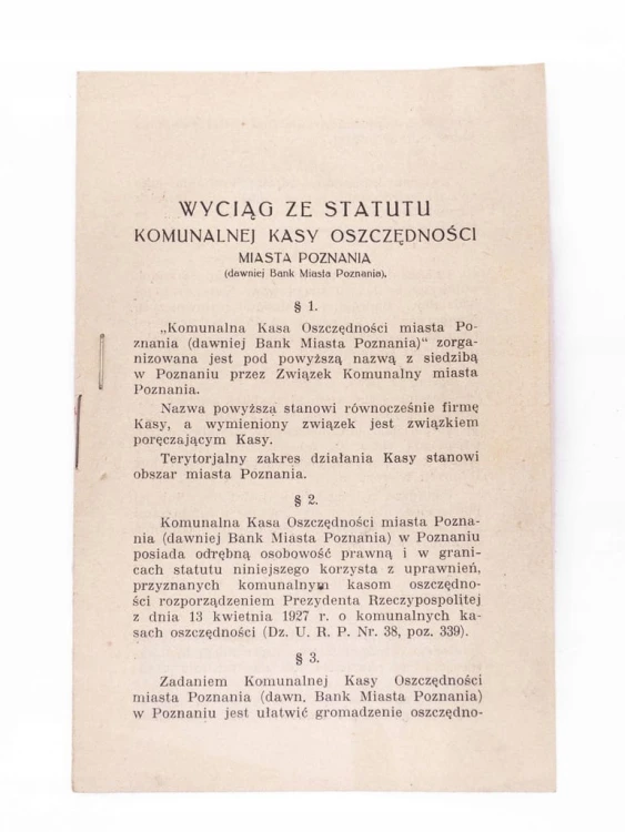 STARY DOKUMENT - WYCIĄG ZE STATUTU KOMUNALNEJ KASY OSZCZĘDNOŚCI, POZNAŃ