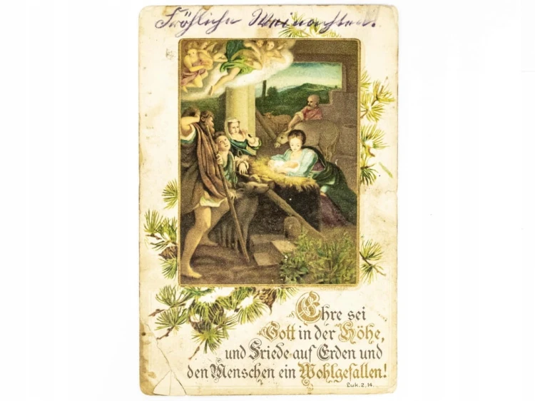 STARA POCZTÓWKA ŚWIĄTECZNA - SZOPKA BOŻONARODZENIOWA STEMPEL WOJSKOWY 1915