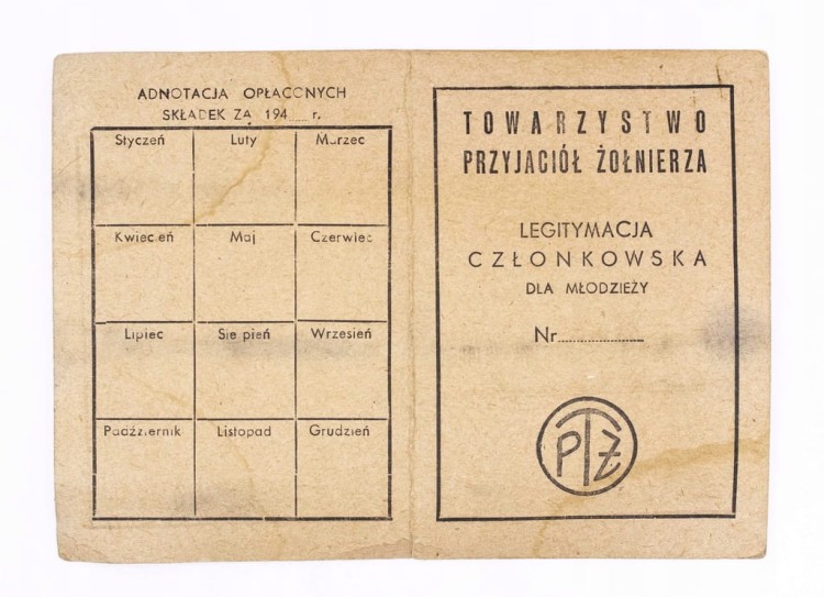 LEGITYMACJA TOWARZYSTWO PRZYJACIÓŁ ŻOŁNIERZA l. 40 XX wieku
