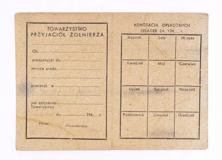 LEGITYMACJA TOWARZYSTWO PRZYJACIÓŁ ŻOŁNIERZA l. 40 XX wieku