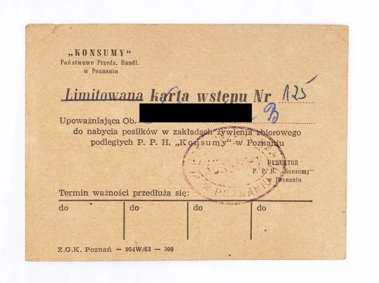 KARTA WSTĘPU DO NABYCIA POSIŁKU PPH KONSUMY POZNAŃ PRL