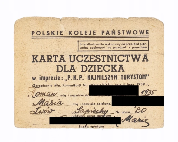 KARTA UCZESTNICTWA DZIECKA W IMPREZIE PKP NAJMILSZYM TURYSTOM, LWÓW 1939