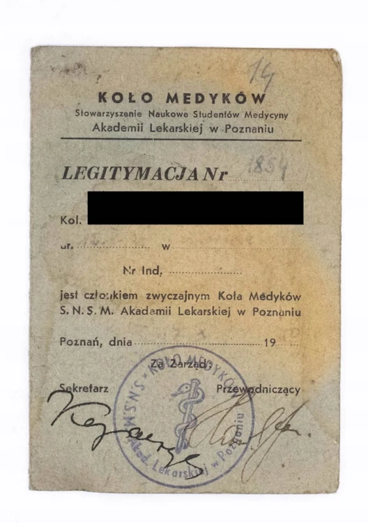 LEGITYMACJA KOŁO MEDYKÓW ADADEMII LEKARSKIEJ, POZNAŃ 1950