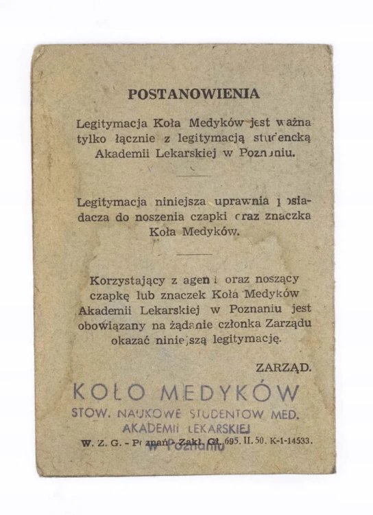 LEGITYMACJA KOŁO MEDYKÓW ADADEMII LEKARSKIEJ, POZNAŃ 1950