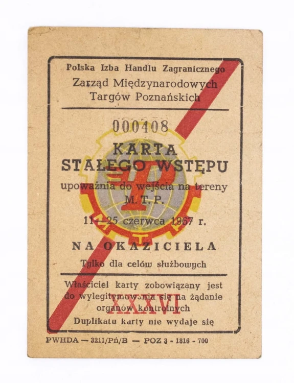 KARTA STAŁEGO WSTĘPU NA MIĘDZYNARODOWE TARGI POZNAŃSKIE, POZNAŃ 1967