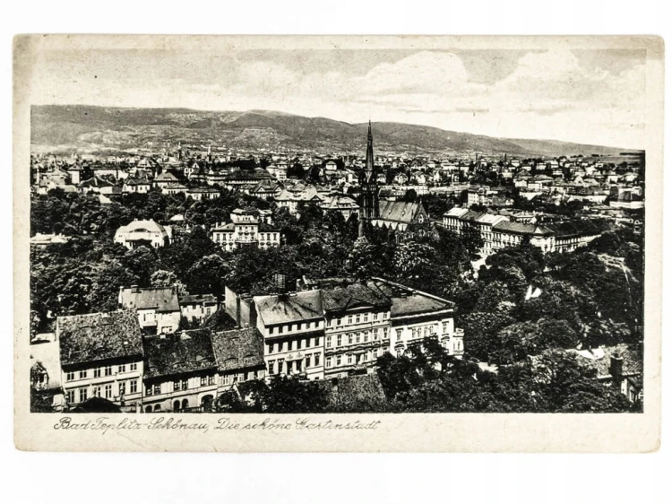 CIEPLICE - PANORAMA MIASTA Z KOŚCIOŁEM ŚW. ELŻBIETY WĘGIERSKIEJ CZECHY 1944