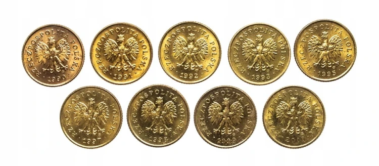 Polska, Rzeczpospolita od 1989 roku, zestaw 1 grosz 1990-2000, 9 sztuk