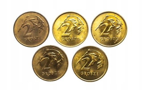Polska, Rzeczpospolita od 1989 roku, zestaw 2 grosze 1990-1999, 5 sztuk