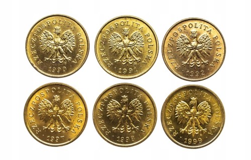 Polska, Rzeczpospolita od 1989 roku, zestaw 2 grosze 1990-1999, 6 sztuk