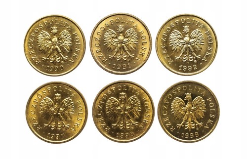 Polska, Rzeczpospolita od 1989 roku, zestaw 2 grosze 1990-1999, 6 sztuk