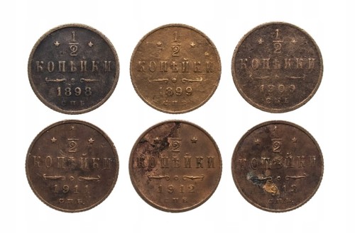 Rosja, Mikołaj II, zestaw 1/2 kopiejki 1898-1913, 6 sztuk