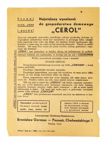 STARA REKLAMA - CEROL, LABORATORIUM CHEMICZNE GERMAN, POZNAŃ