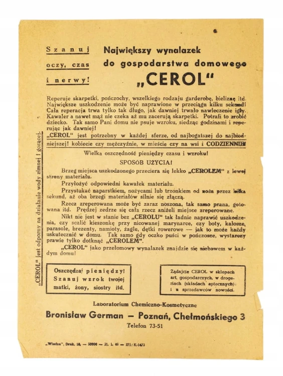 STARA REKLAMA - CEROL, LABORATORIUM CHEMICZNE GERMAN, POZNAŃ