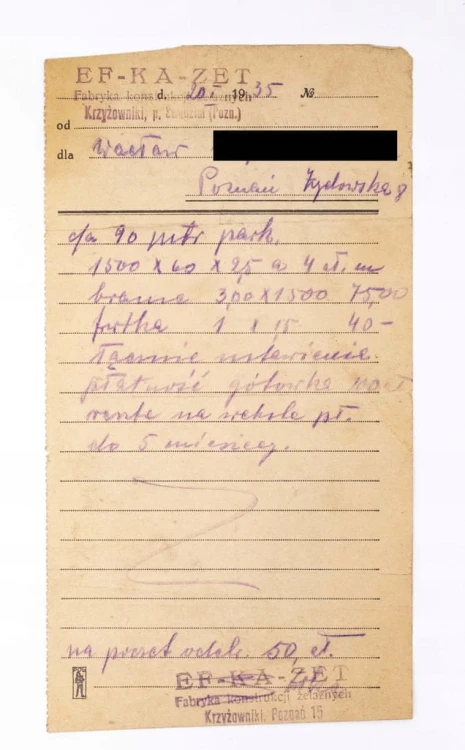 RACHUNEK - FABRYKA KONSTRUKCJI ŻELAZNYCH EF-KA-ZET, POZNAŃ KRZYŻOWNIKI 1935