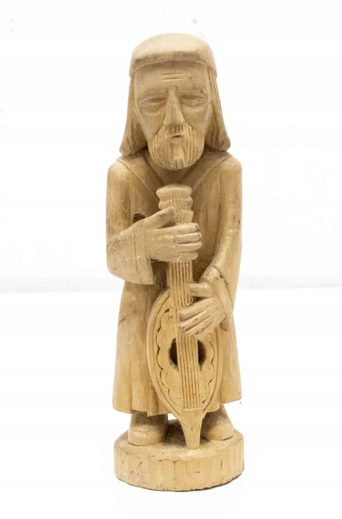 STARA DREWNIANA FIGURKA, MĘŻCZYZNA Z INSTRUMENTEM STRUNOWYM