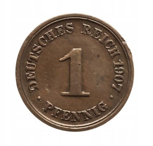 Niemcy, Prusy, Wilhelm II, 1 fenig, 1907 F, Stuttgart.