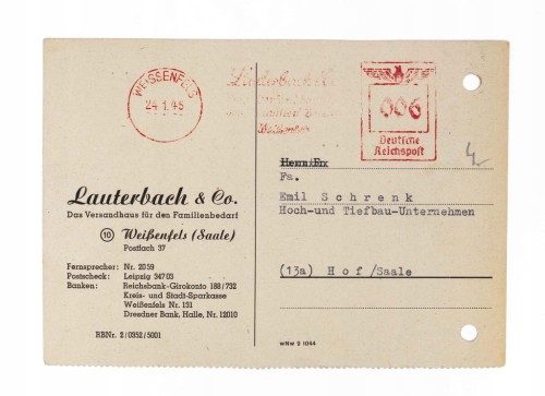 STARA POCZTÓWKA / LIST - WEISSENFELS, LAUTERBACH & CO / HOF 1945
