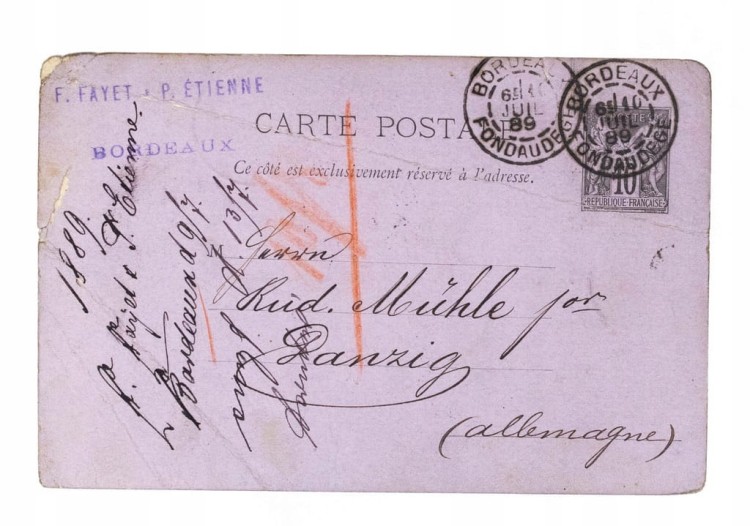 STARA POCZTÓWKA / LIST - BORDEAUX / GDAŃSK 1889