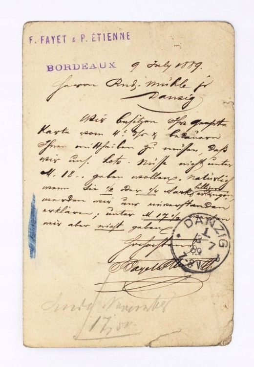 STARA POCZTÓWKA / LIST - BORDEAUX / GDAŃSK 1889