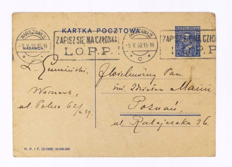 STARA POCZTÓWKA / LIST - POZNAŃ / WARSZAWA 1930