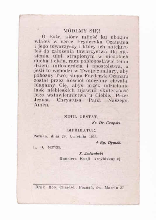 OBRAZEK TOW. ŚW. WINCENTEGO A PAULO - ANTONI FRYDERYK OZANAM, POZNAŃ 1933