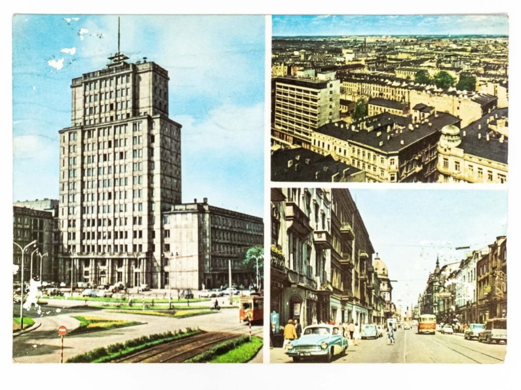 ŁÓDŹ - WIEŻOWIEC PRZY UL. SIENKIEWICZA PIOTRKOWSKA STARE SAMOCHODY 1971 PRL
