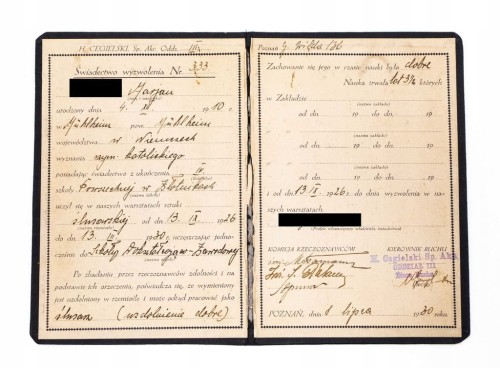 ŚWIADECTWO WYZWOLENIA, KURS ŚLUSARSKI - HCP CEGIELSKI POZNAŃ, ZŁOTNIKI 1930