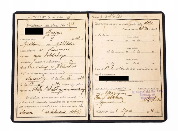 ŚWIADECTWO WYZWOLENIA, KURS ŚLUSARSKI - HCP CEGIELSKI POZNAŃ, ZŁOTNIKI 1930