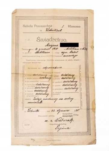 ŚWIADECTWO - SZKOŁA POWSZECHNA, ZŁOTNIKI 1925