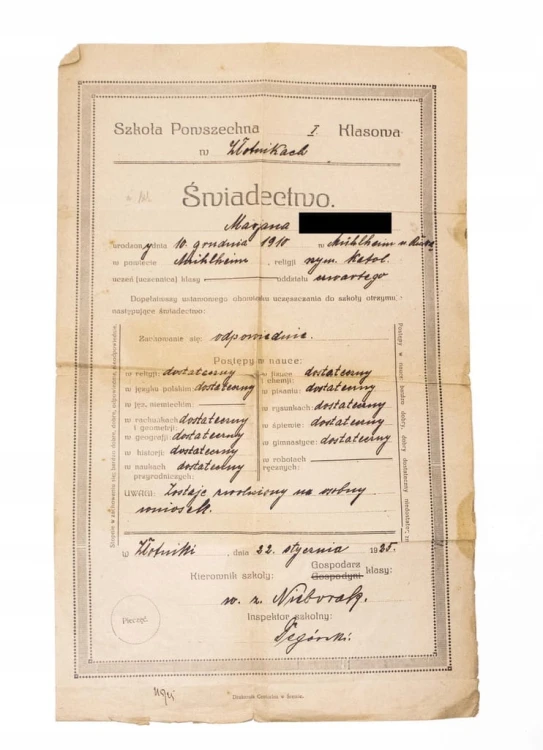 ŚWIADECTWO - SZKOŁA POWSZECHNA, ZŁOTNIKI 1925