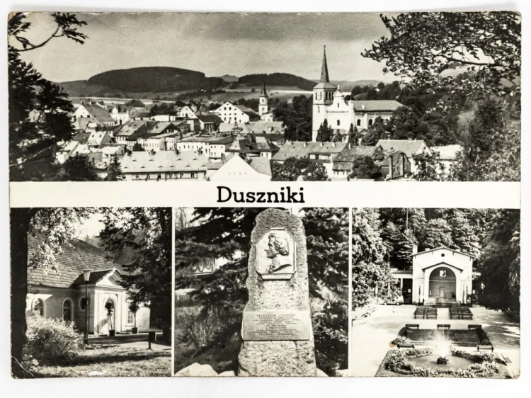 DUSZNIKI-ZDRÓJ - PANORAMA Z KOŚCIOŁEM, DWOREK I POMNIK F. CHOPINA 1974 PRL