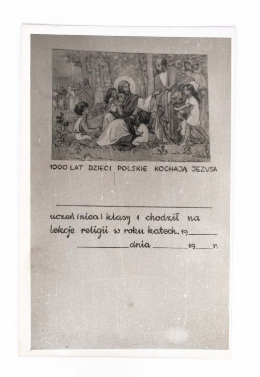 STARA FOTOGRAFIA - PAMIĄTKA DLA UCZNIA Z LEKCJI RELIGII 1966