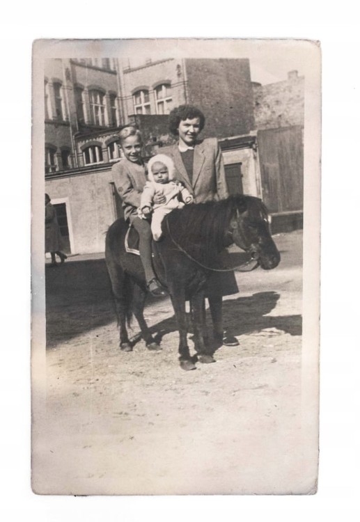 STARA FOTOGRAFIA - MAMA Z DZIEĆMI NA KUCYKU II RP