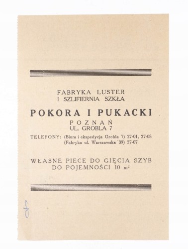 STARY RACHUNEK - FABRYKA LUSTER I SZKŁA, POKORA I PUKACJI, POZNAŃ 1937