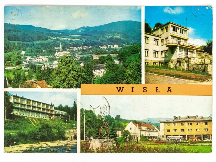 WISŁA - PANORAMA, DOMY WYPOCZYNKOWE, SKWER Z WARSZAWSKĄ SYRENKĄ 1976 PRL