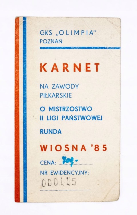 KARNET NA MECZE PIŁKARSKIE GKS OLIMPIA POZNAŃ, RUNDA WIOSNA 1985
