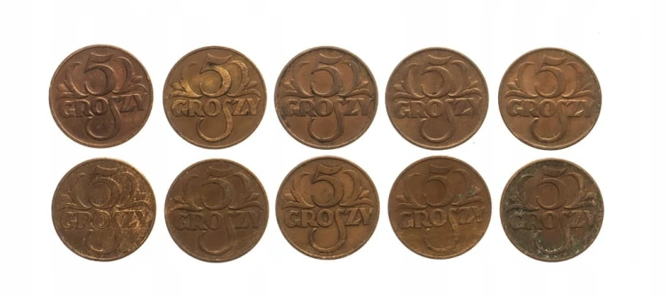 Polska, II Rzeczpospolita (1918-1939), zestaw 5 groszy 1938, 10 sztuk