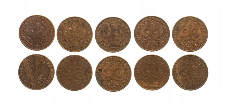 Polska, II Rzeczpospolita (1918-1939), zestaw 5 groszy 1938, 10 sztuk