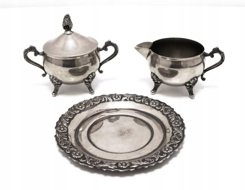 STARY POSREBRZANY ZESTAW: CUKIERNICZKA, MLECZNIK I TACKA