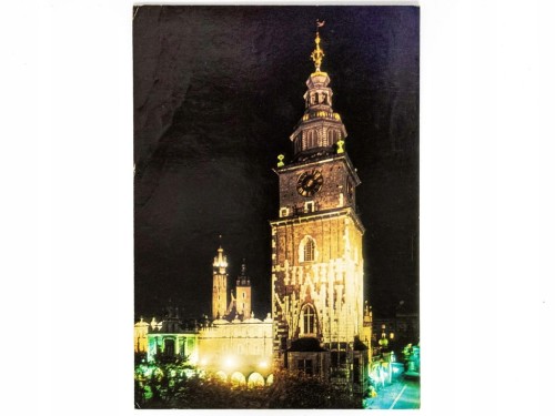 KRAKÓW - WIEŻA RATUSZOWA NOCĄ Z KOŚCIOŁEM MARIACKIM W TLE 1972 PRL