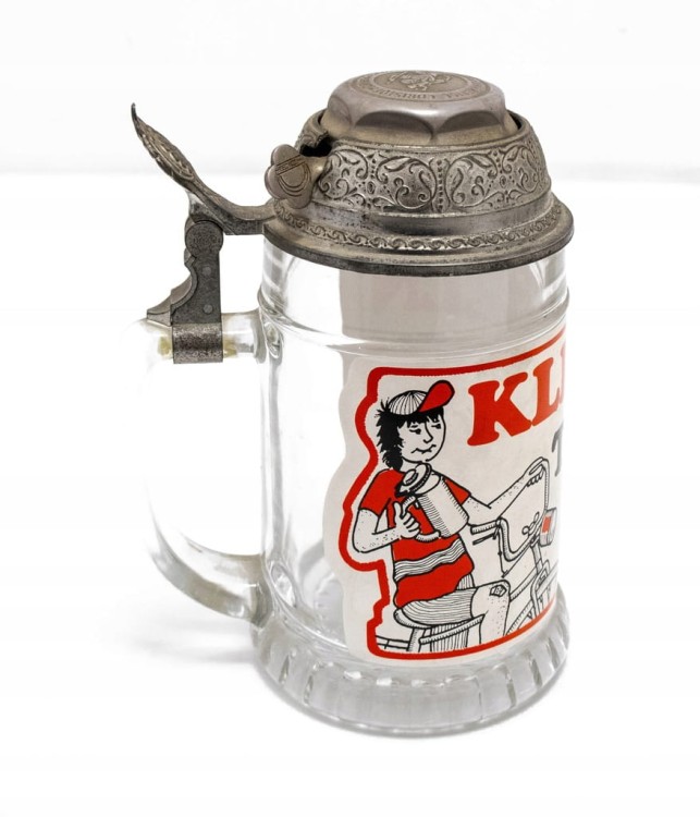 STARY SZKLANY KUFEL Z DZWONKIEM - KLINGELN TRINKEN, ŚWIĘTY KRZYSZTOF