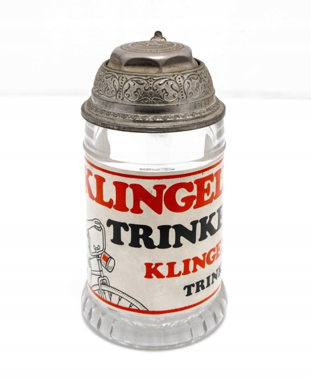 STARY SZKLANY KUFEL Z DZWONKIEM - KLINGELN TRINKEN, ŚWIĘTY KRZYSZTOF