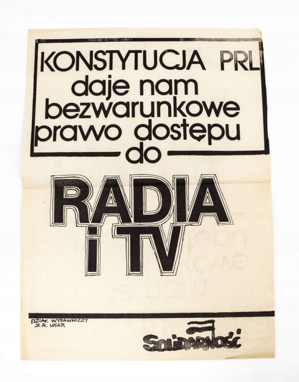 PLAKAT SOLIDARNOŚĆ PRL, KONSTYTUCJA DAJE BEZWARUNKOWE PRAWO DO RADIA I TV