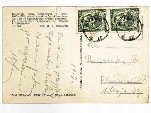 POZNAŃ - FASADA BAZYLIKI KOLEGIACKIEJ KOŚCIÓŁ FARNY FARA POZNAŃSKA 1952 PRL